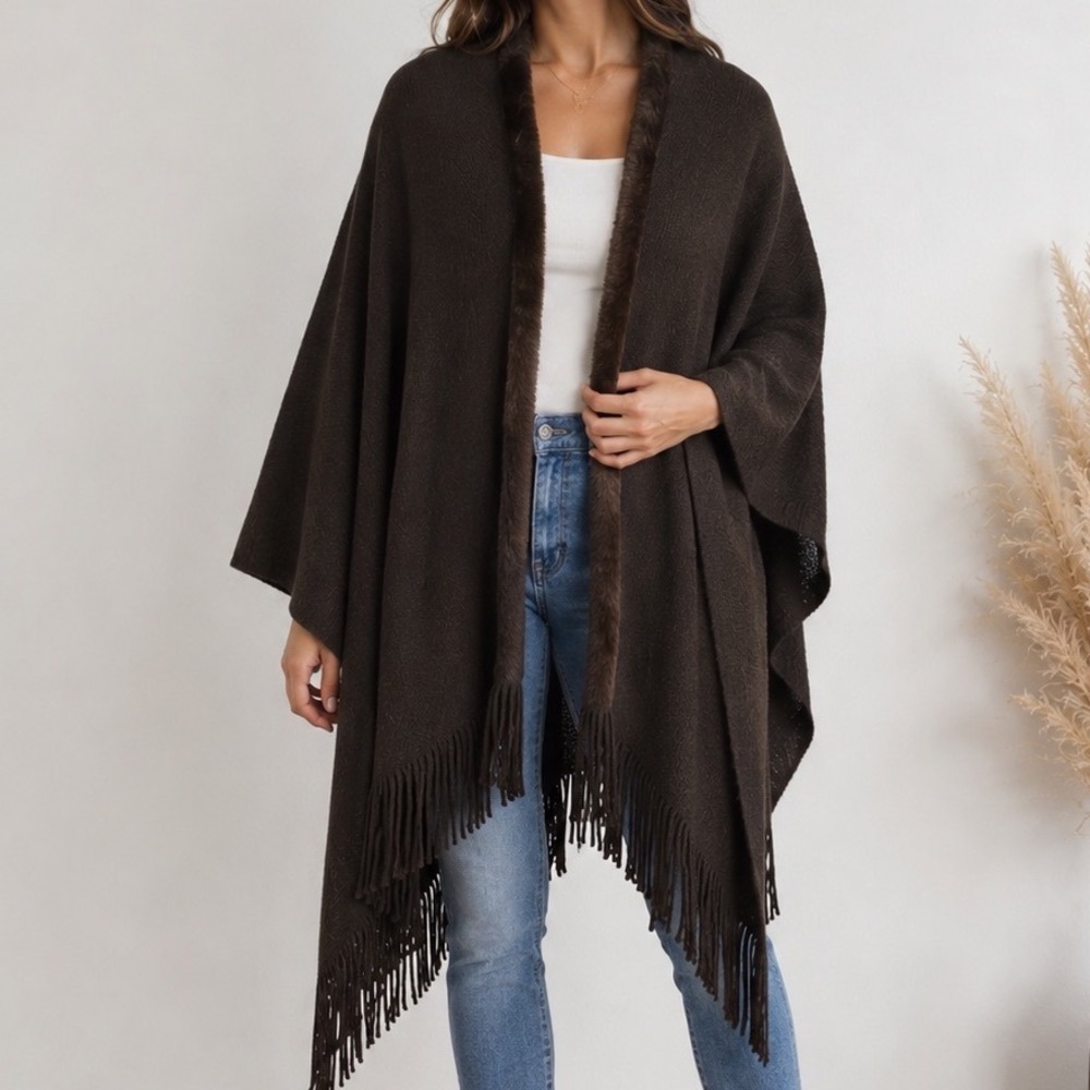 Cejon Chocolate Brown Faux Fur Trim Fringe Wrap Shawl Poncho One Size Boho Cabin